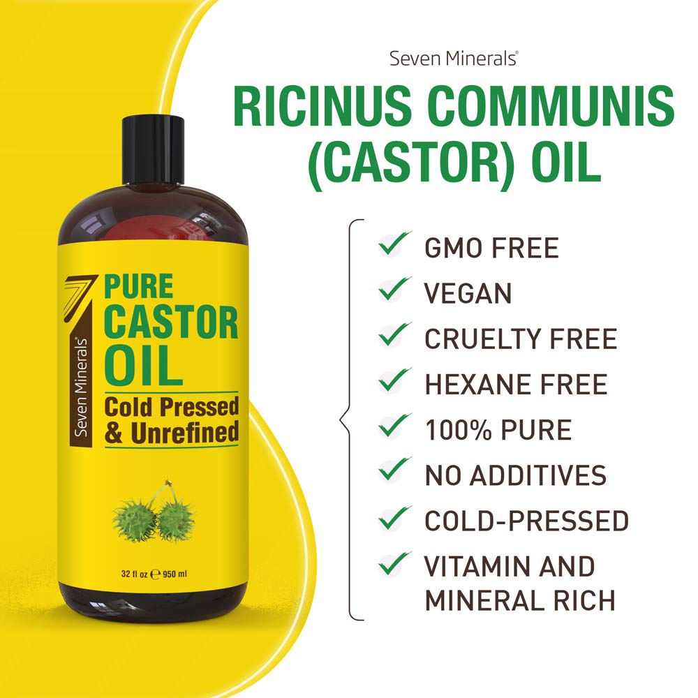 Seven Minerals castor oil pour close-up showing thick texture for massage.