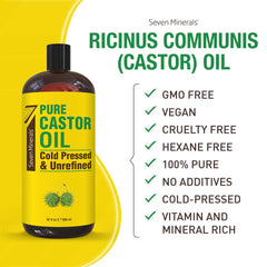Seven Minerals castor oil pour close-up showing thick texture for massage.