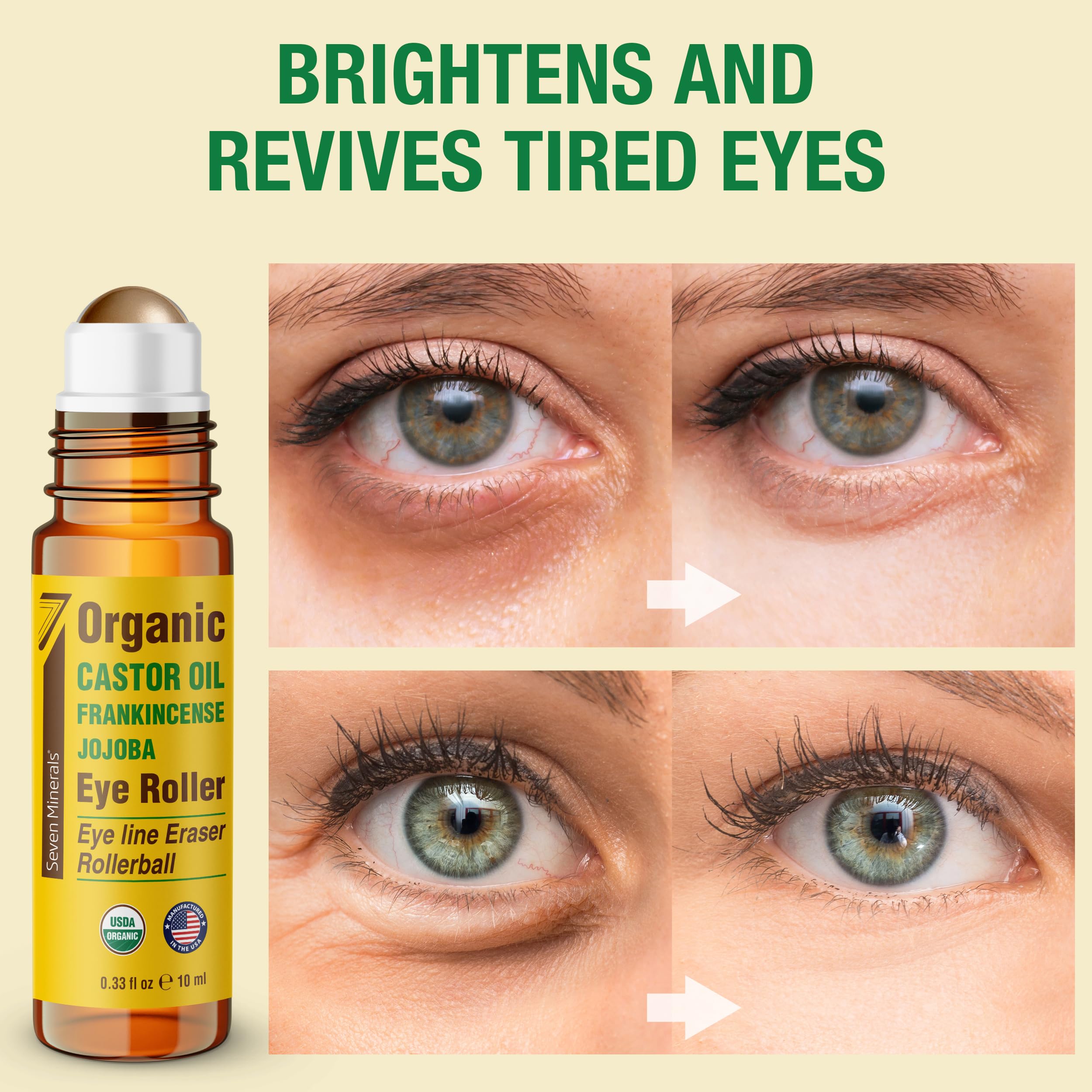 Seven Minerals castor oil roller application for targeted under-eye care.