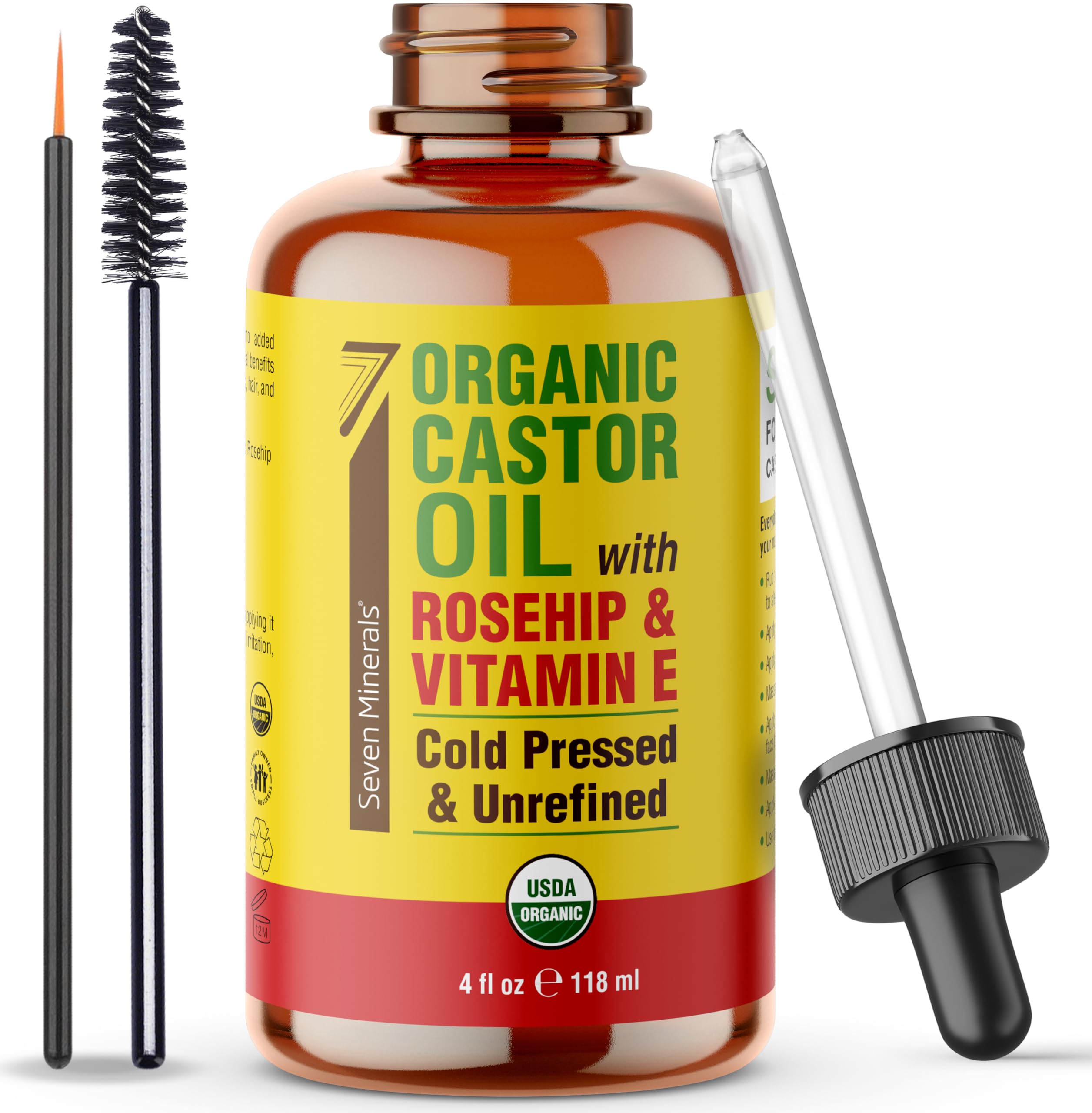 Seven Minerals castor oil bottle with rosehip and vitamin E for lash and brow care.