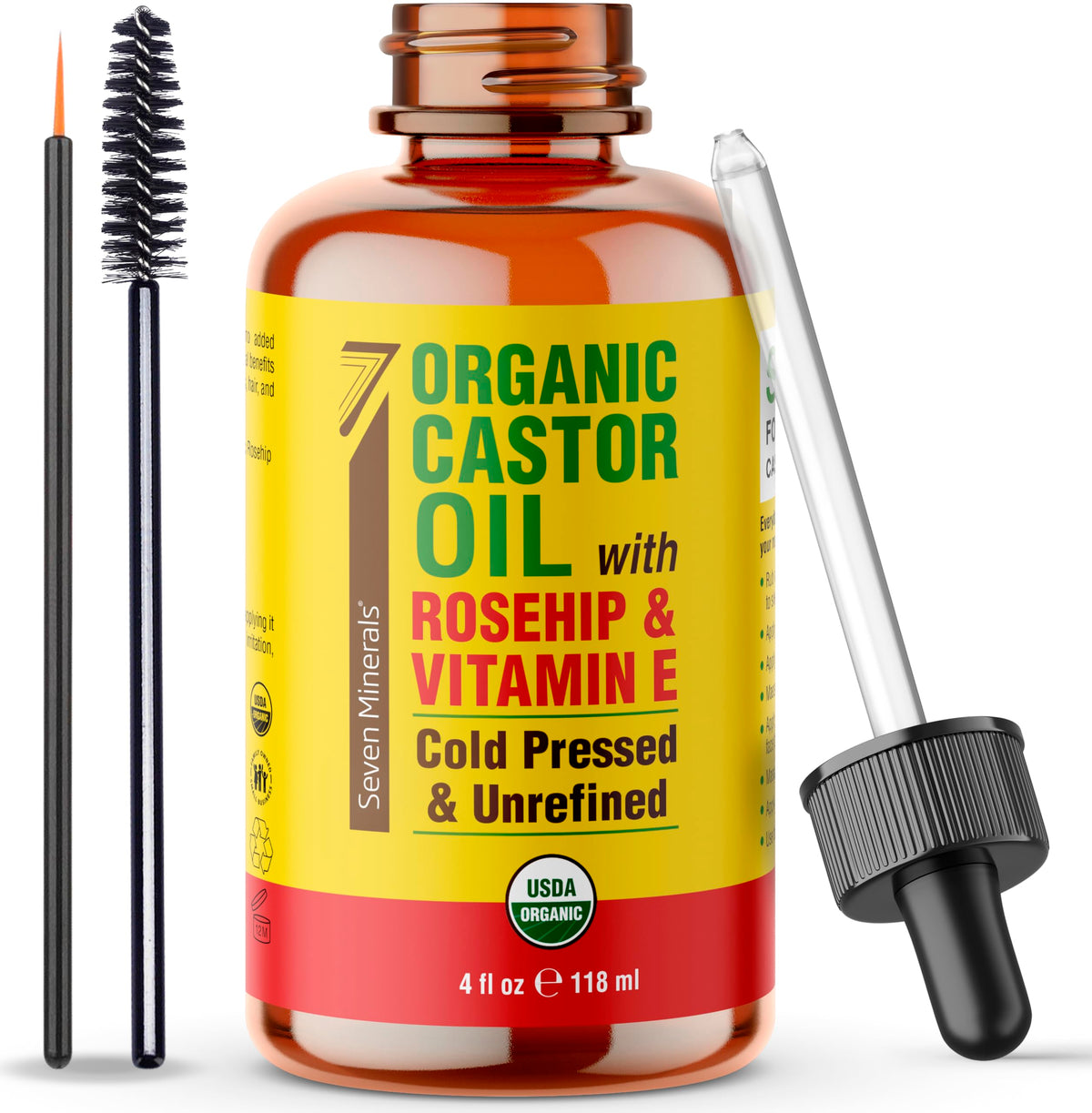 Seven Minerals castor oil bottle with rosehip and vitamin E for lash and brow care.
