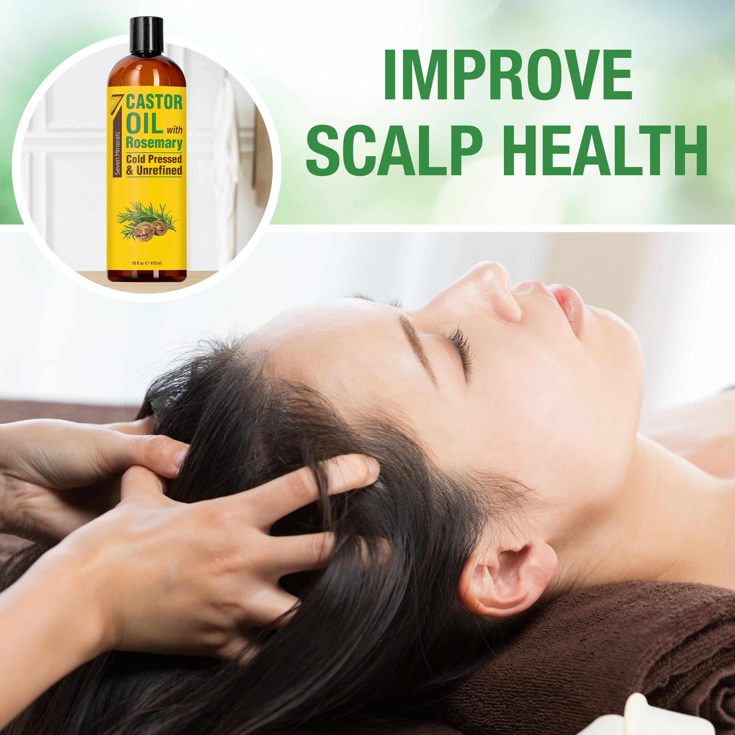 Seven Minerals castor oil massaged into scalp for nourishing hair routine
