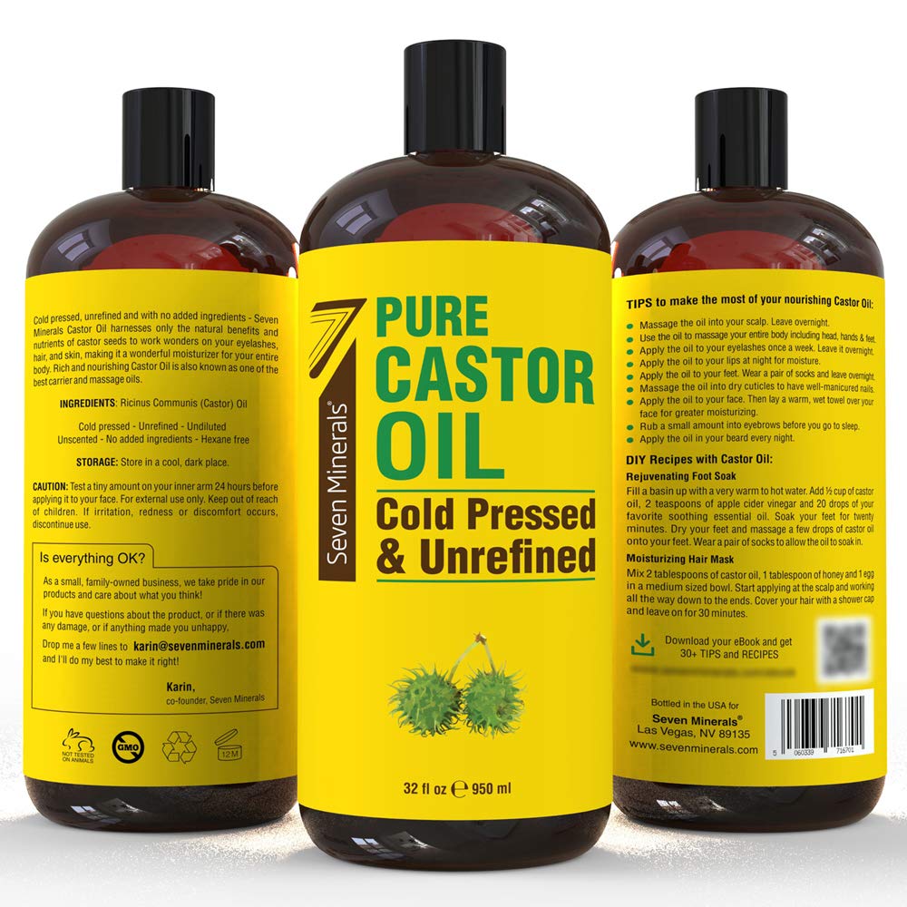 Seven Minerals castor oil applied to skin for hydration and softness.