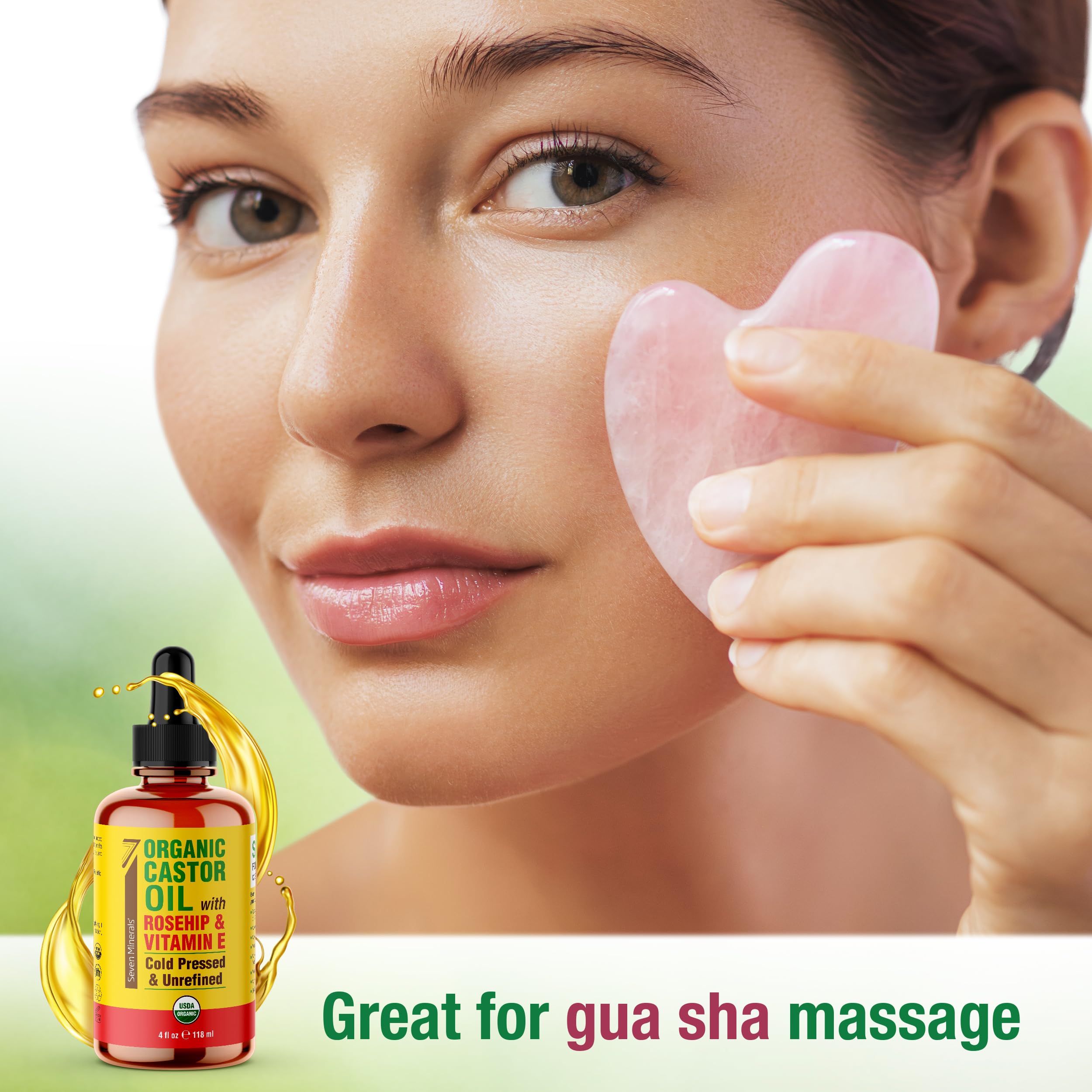 Travel-friendly 4 oz bottle of Seven Minerals castor oil for on-the-go beauty.