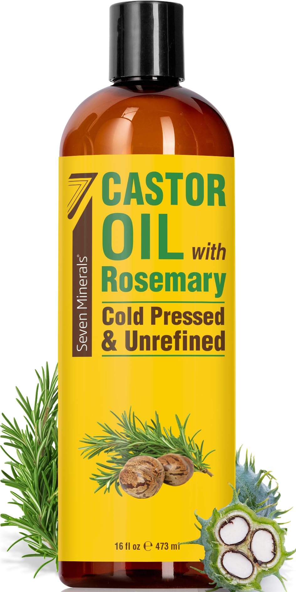 Seven Minerals castor oil with rosemary bottle pour for hair care