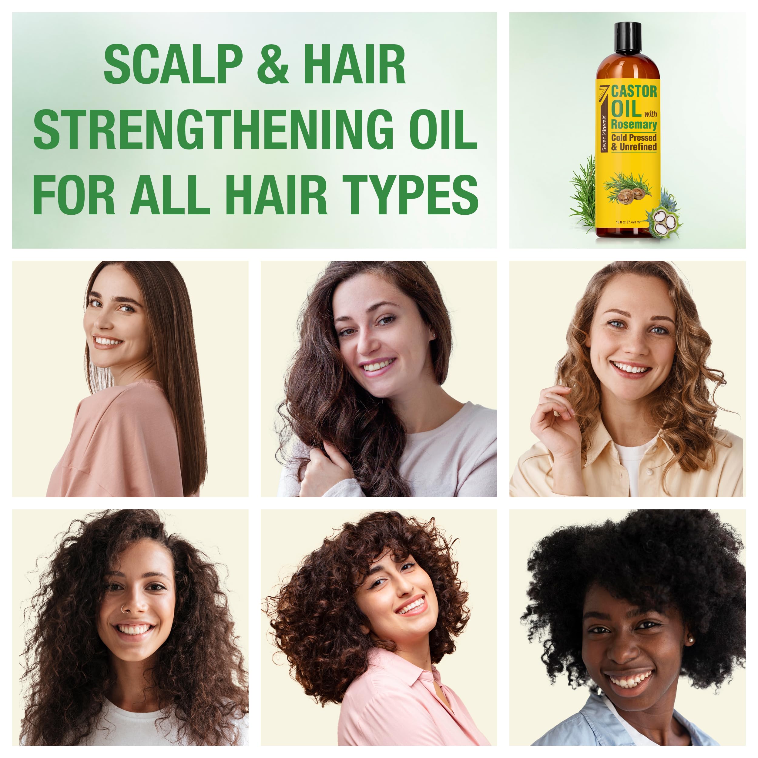 Seven Minerals castor oil with rosemary beside rosemary sprigs for dry skin care