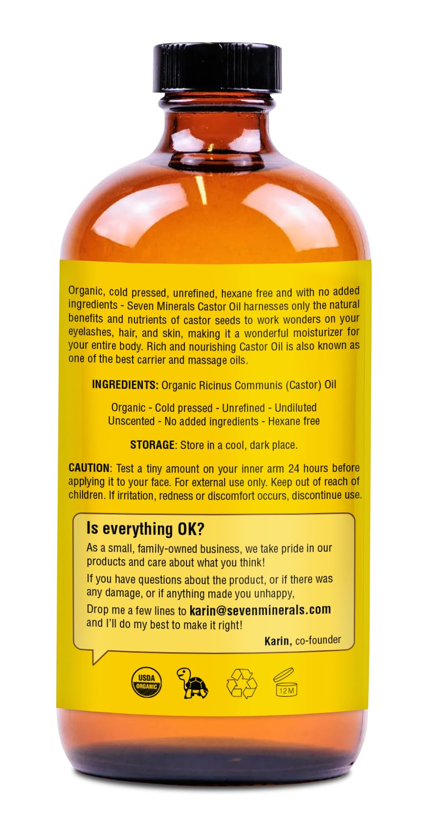 Seven Minerals cold-pressed castor oil in premium glass bottle preserves nutrients.