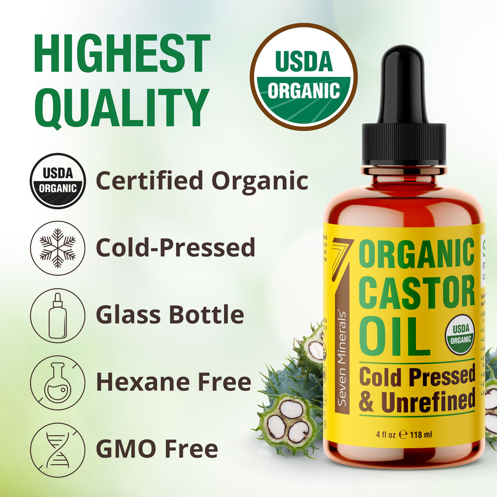 Seven Minerals organic castor oil for facial hydration and skin nourishment.