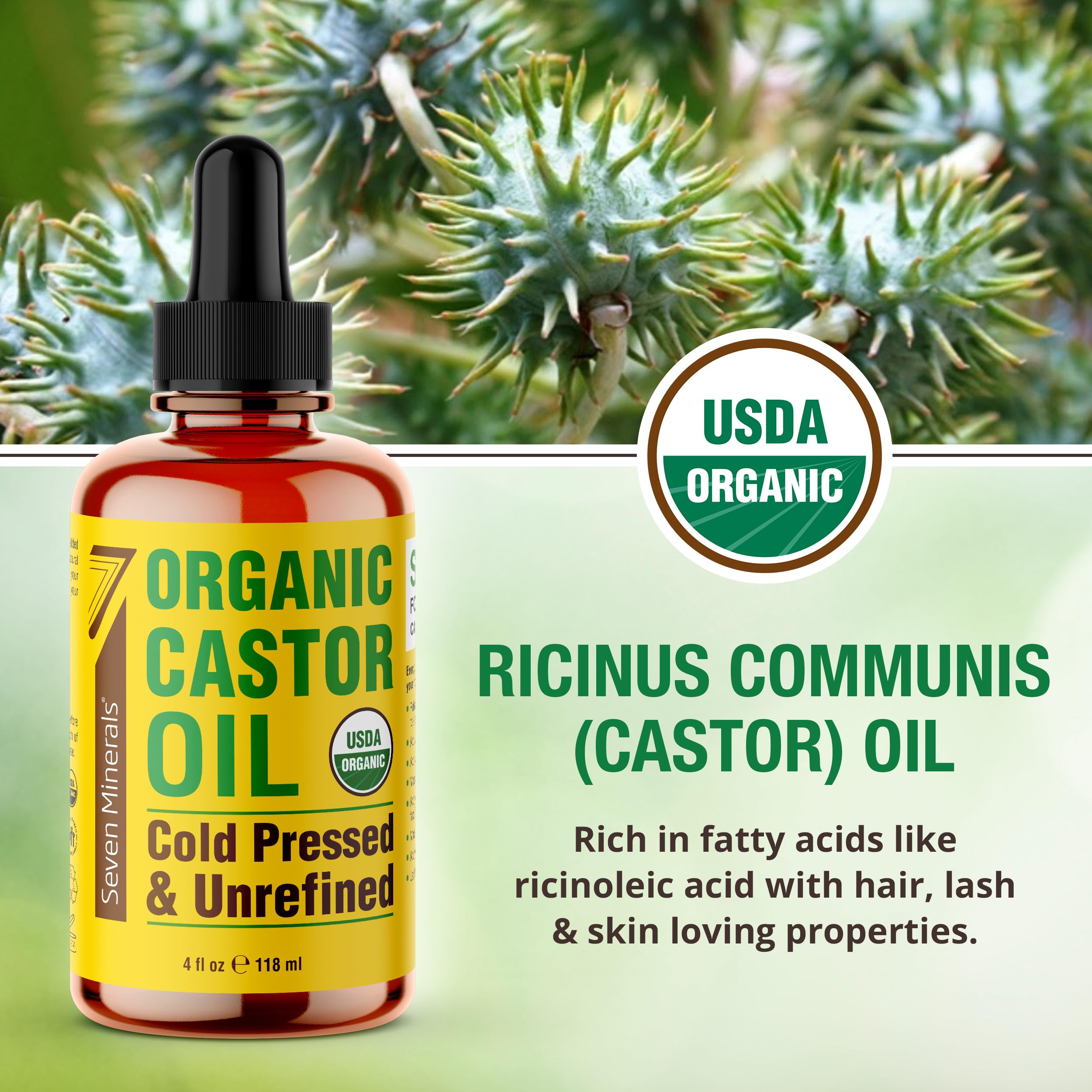 Seven Minerals castor oil for eyelashes and eyebrows, promoting fuller appearance.
