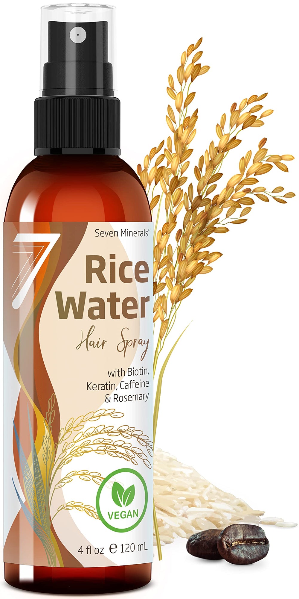 Seven Minerals fermented rice water spray bottle showing non-greasy formula for hair health