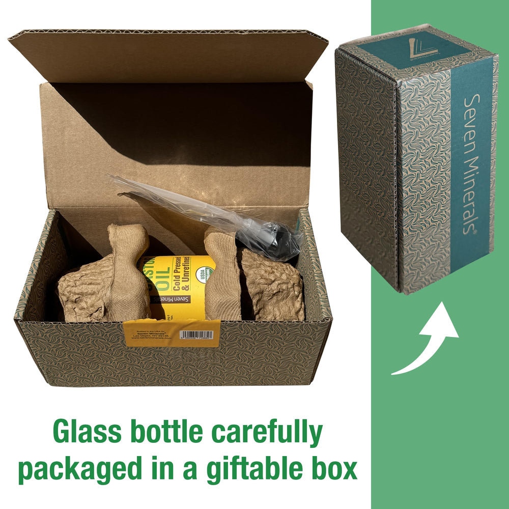 Seven Minerals giftable castor oil in amber bottle invites easy sharing.