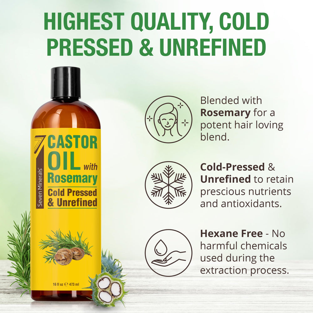 Seven Minerals hexane-free castor oil bottle with rosemary on a clean beauty setup