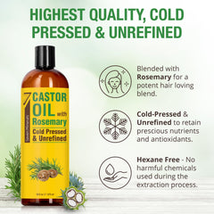 Seven Minerals hexane-free castor oil bottle with rosemary on a clean beauty setup
