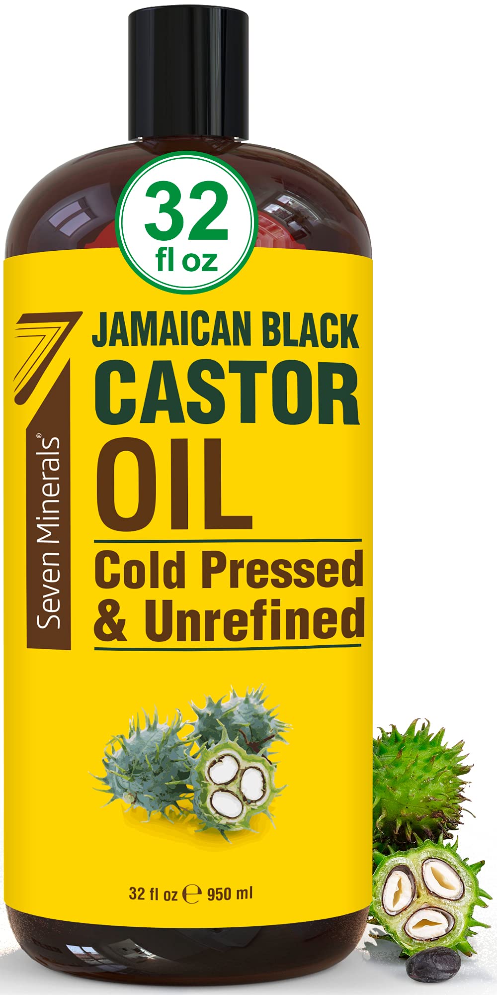 Seven Minerals Jamaican Black Castor Oil bottle close-up, pure unrefined formula for hair nourishment and growth