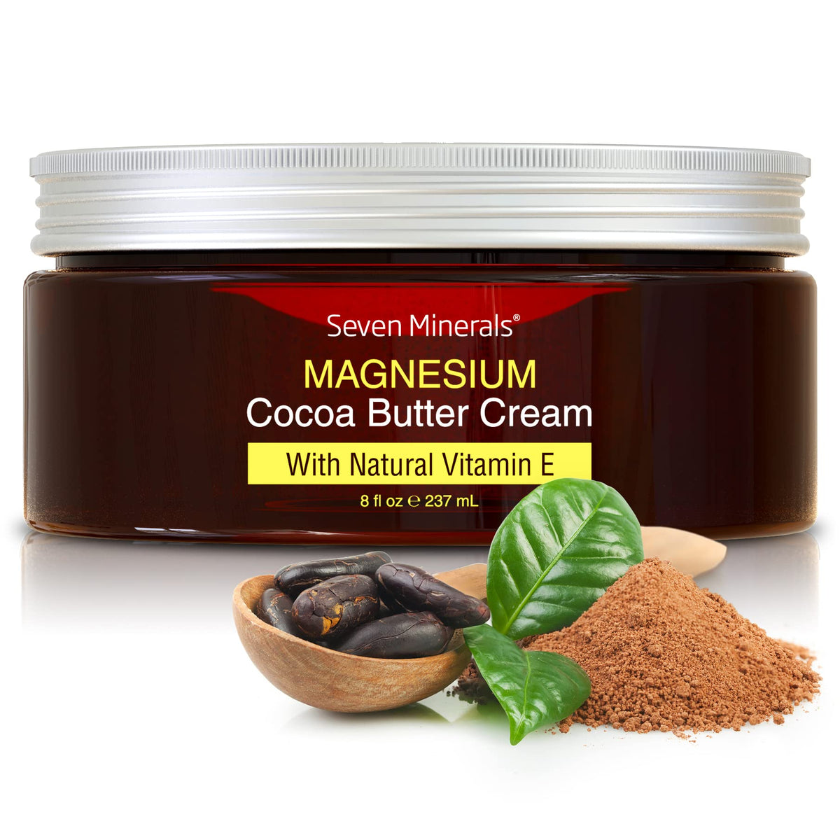 Seven Minerals magnesium cream bottle with pour shows easy application for muscle comfort.