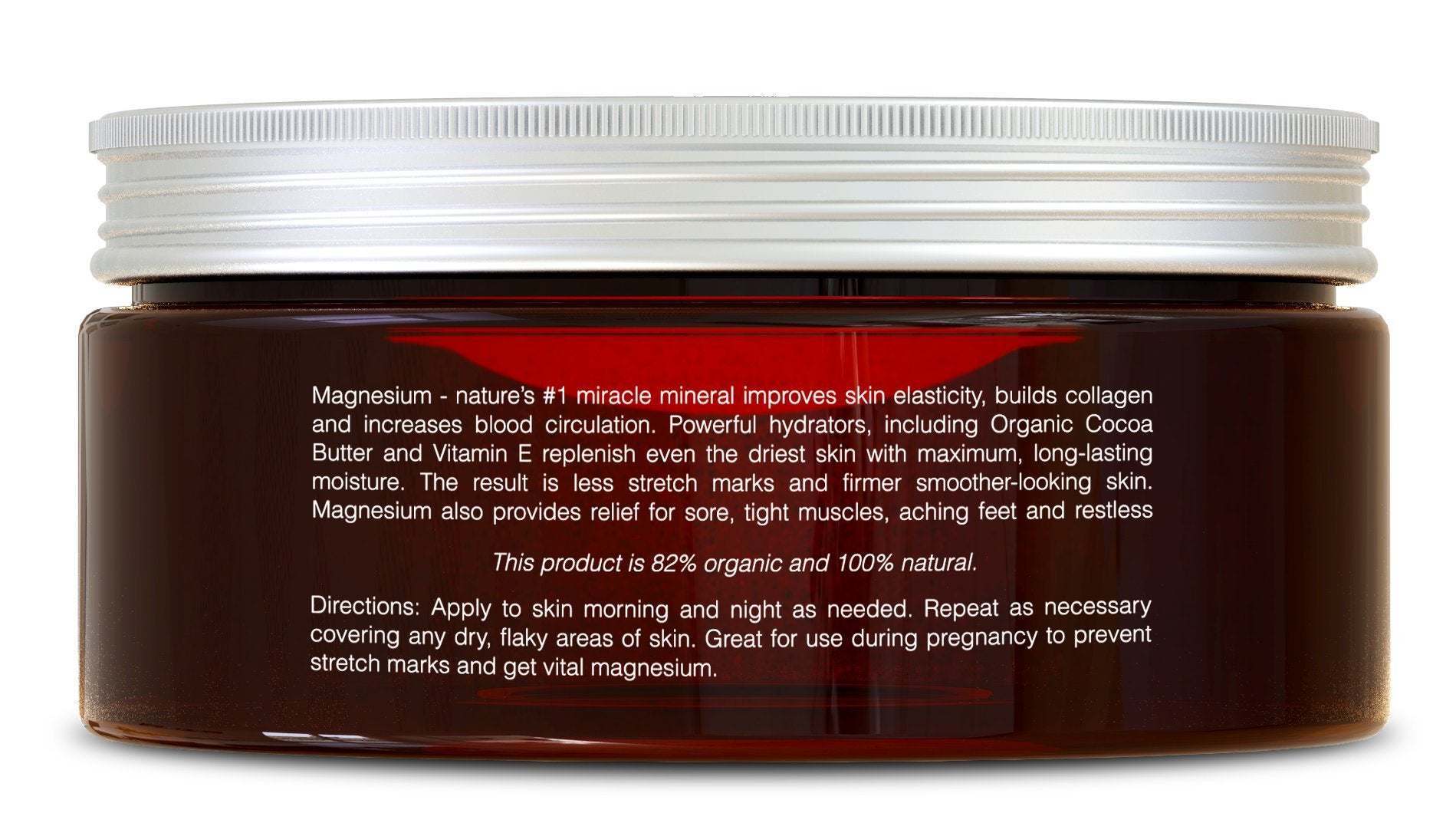 Seven Minerals magnesium cream on leg showing moisturized, firmer-looking skin and stretch mark support.
