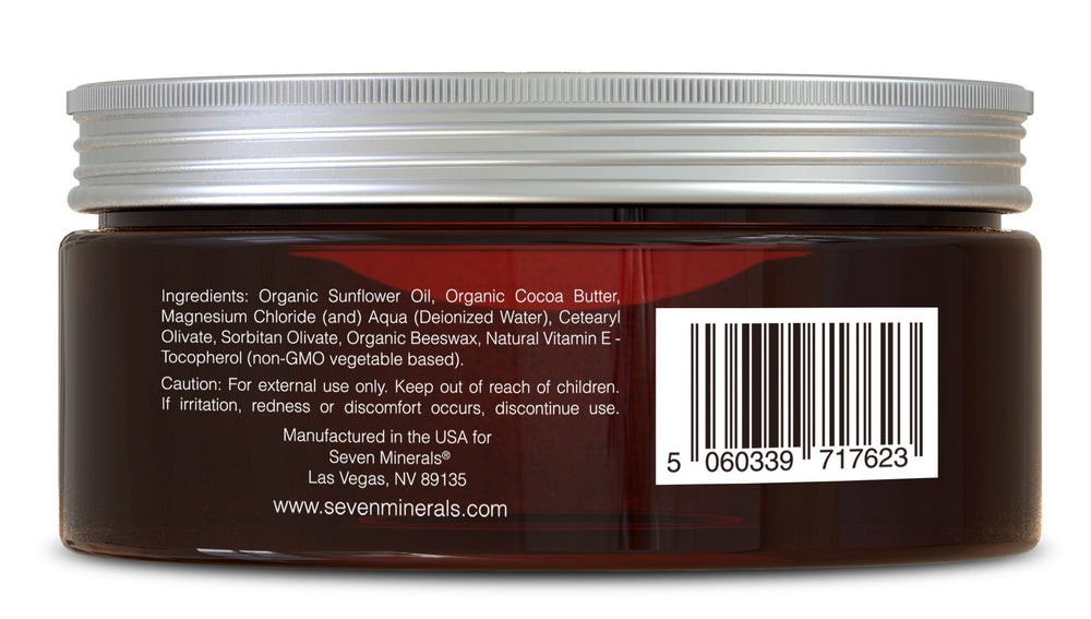 Seven Minerals natural magnesium cream close-up on skin demonstrates quick absorption and evening comfort.