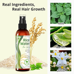Seven Minerals nettle-aloe-jasmine spray being applied to hair for stronger follicles.