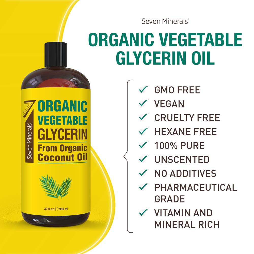 Seven Minerals glycerin bottle highlights palm-free, coconut-based formula for eco-friendly skincare.