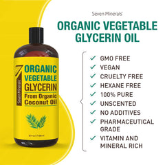 Seven Minerals glycerin bottle highlights palm-free, coconut-based formula for eco-friendly skincare.