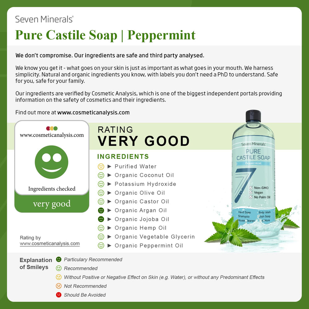 Close-up of organic carrier oils used in Seven Minerals Peppermint Castile Soap.