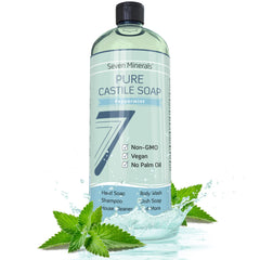 Seven Minerals Peppermint Castile Soap bottle produces rich foaming hand cleansing.