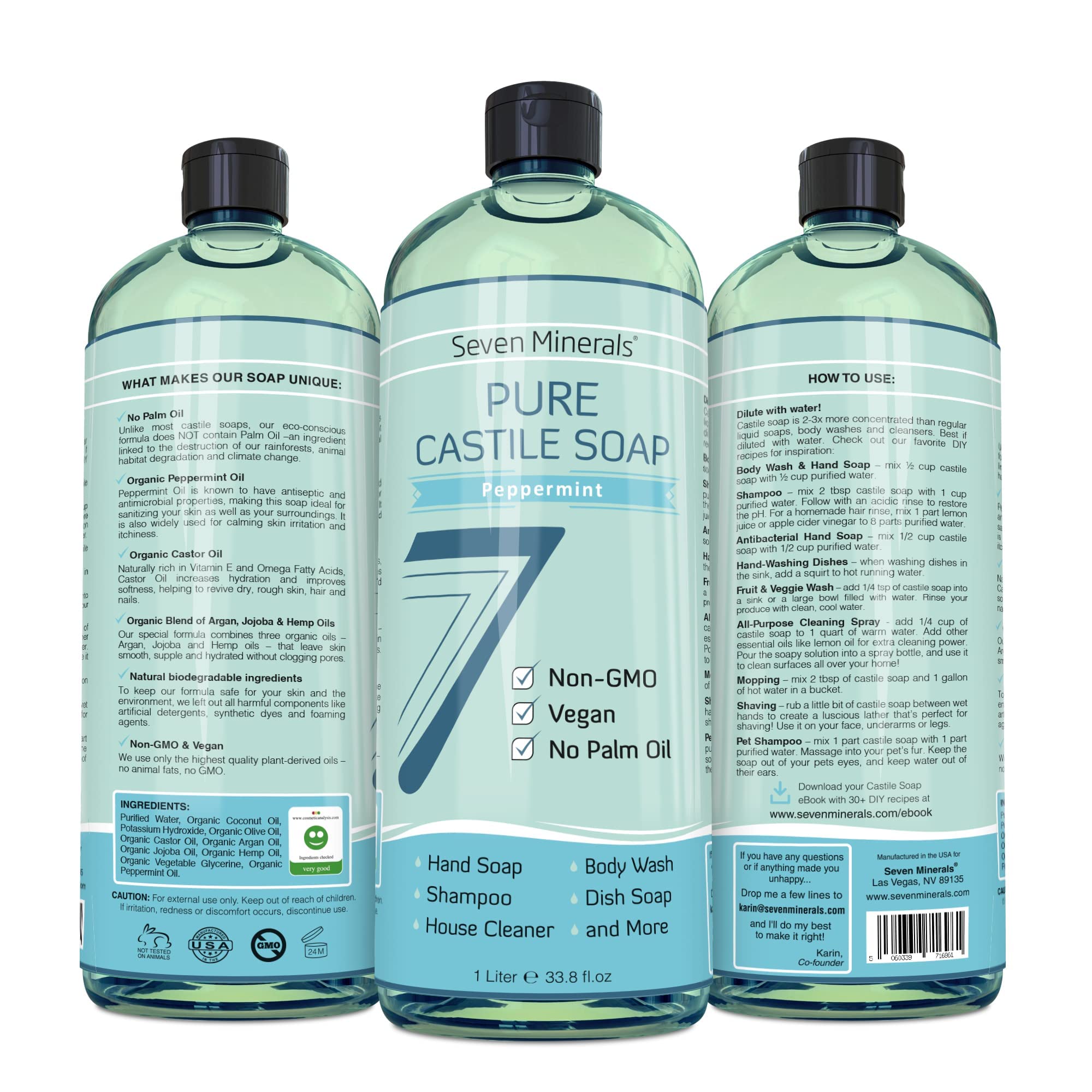 Eco-friendly packaging highlighting palm oil-free formula by Seven Minerals Peppermint Castile Soap.