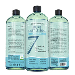 Eco-friendly packaging highlighting palm oil-free formula by Seven Minerals Peppermint Castile Soap.