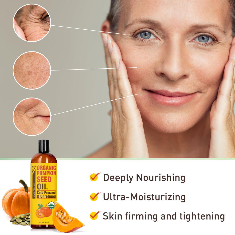 Seven Minerals Pumpkin Seed Oil seeds close-up highlighting hexane-free extraction.