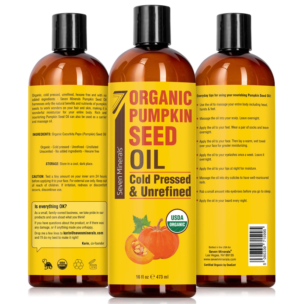 Seven Minerals Pumpkin Seed Oil label close-up shows organic certification.