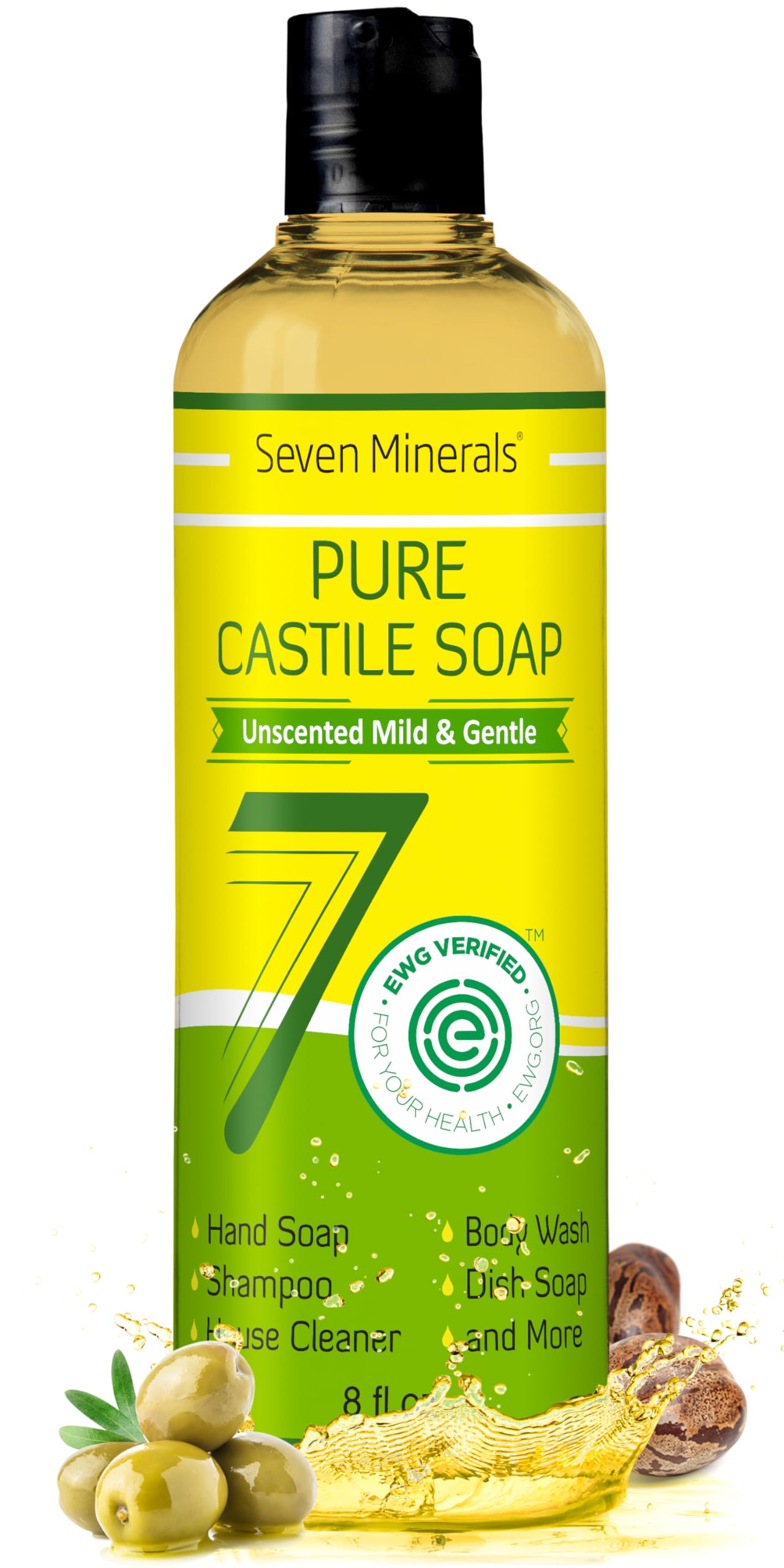 Seven Minerals Pure Castile Soap unscented bottle for gentle cleansing on skin.