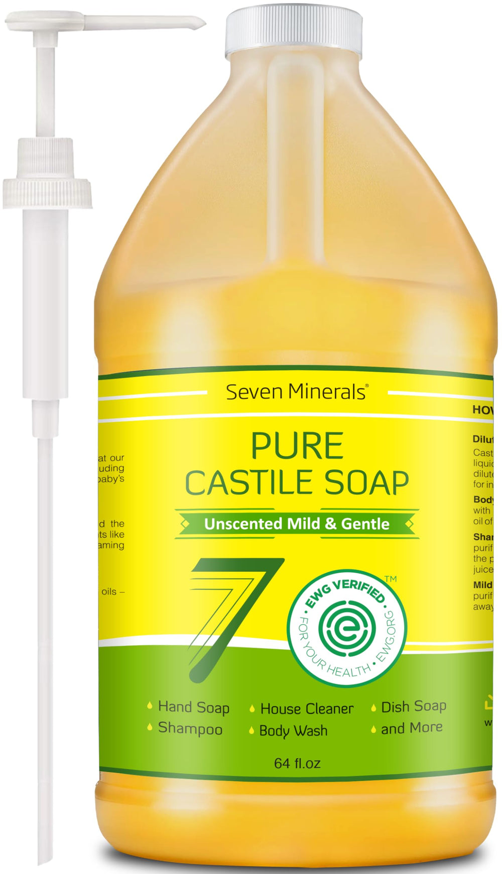 Seven Minerals Pure Castile Soap bottle, unscented and gentle for sensitive skin.