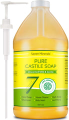 Seven Minerals Pure Castile Soap bottle, unscented and gentle for sensitive skin.