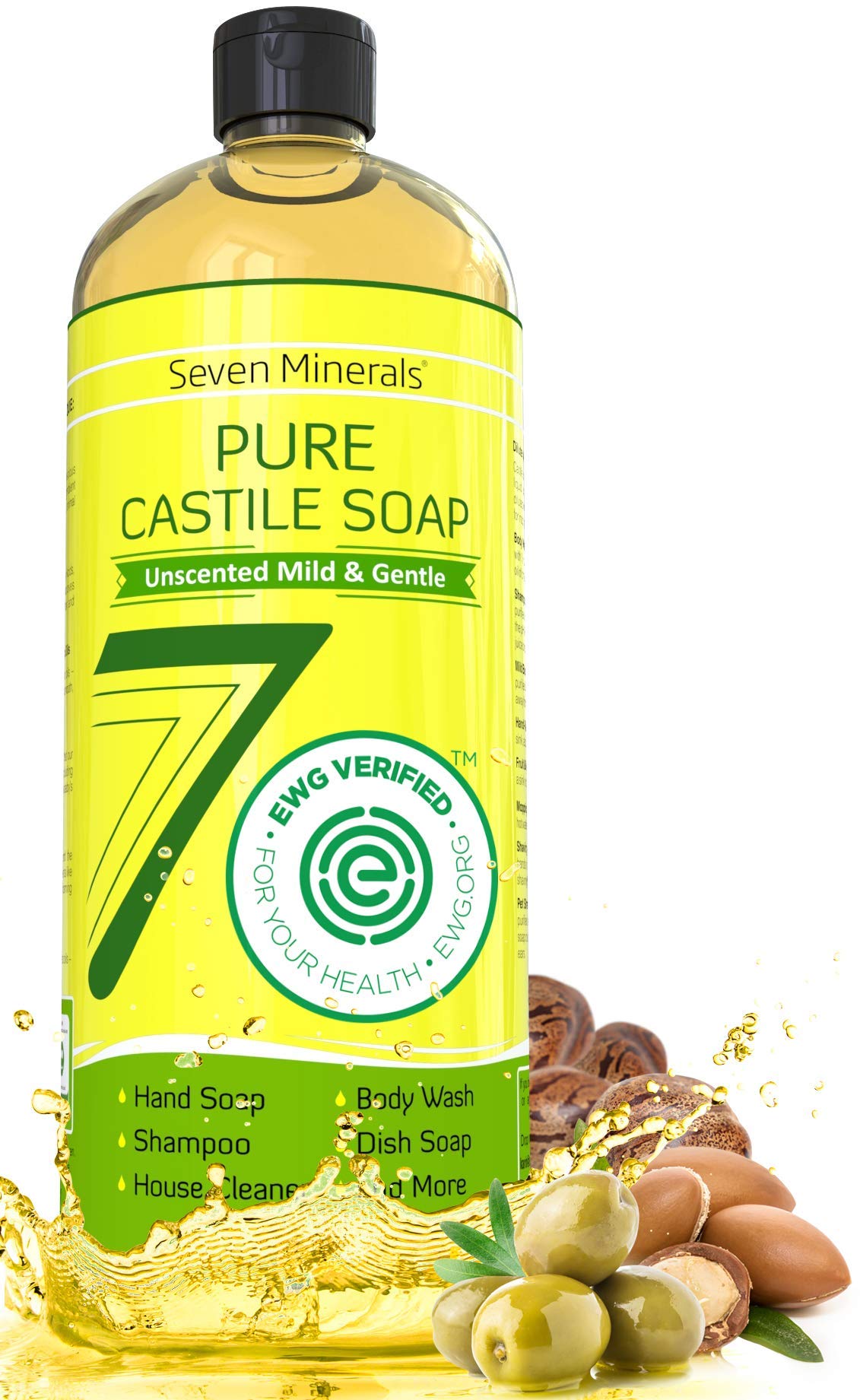 Seven Minerals Pure Castile Soap bottle showcases palm oil-free vegan formula.
