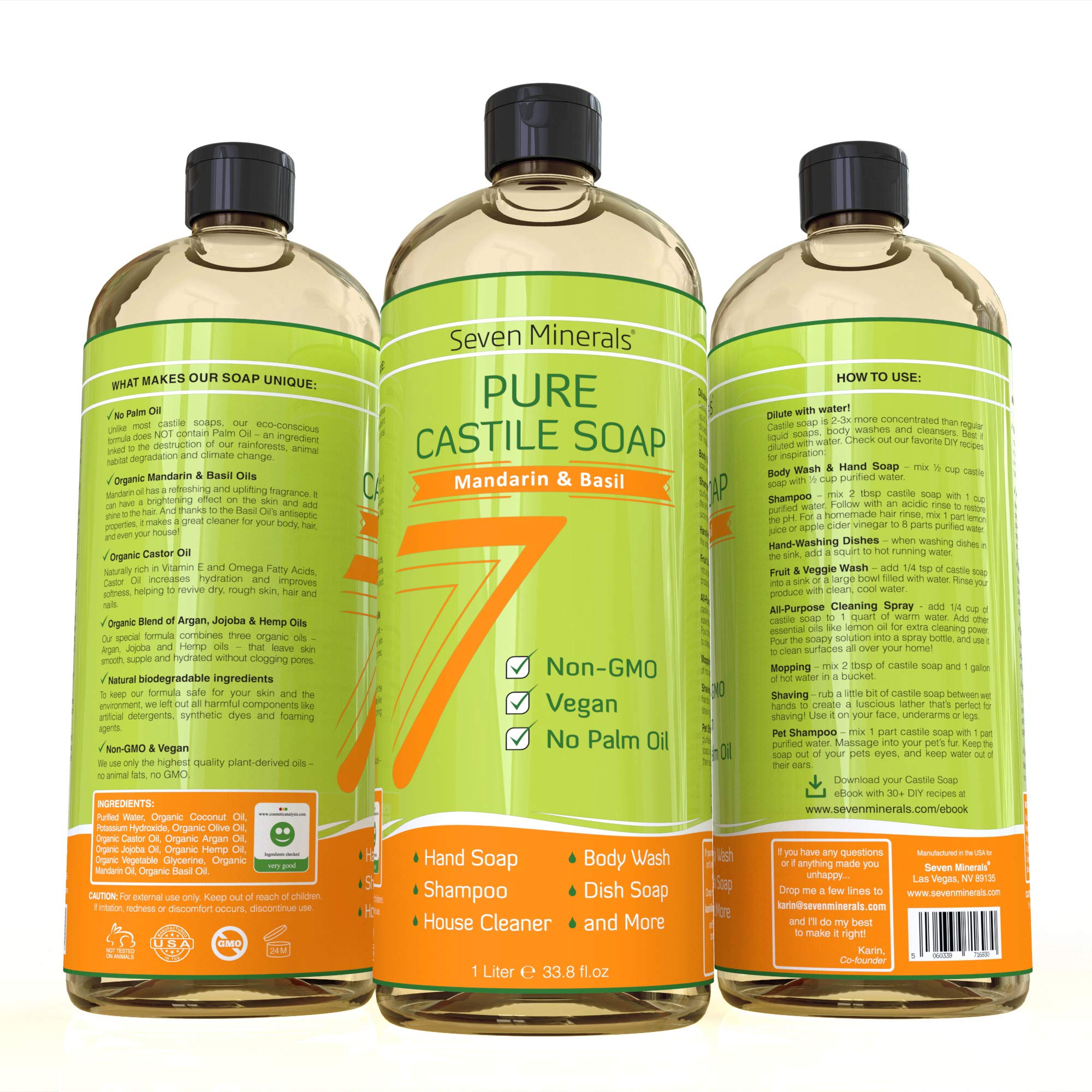 Versatile cleaner for dishes and surfaces with Seven Minerals Soap