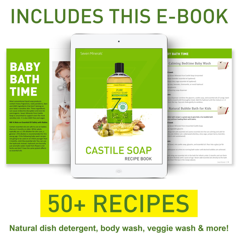Seven Minerals Pure Castile Soap with free recipe e-book for homemade cleansers.