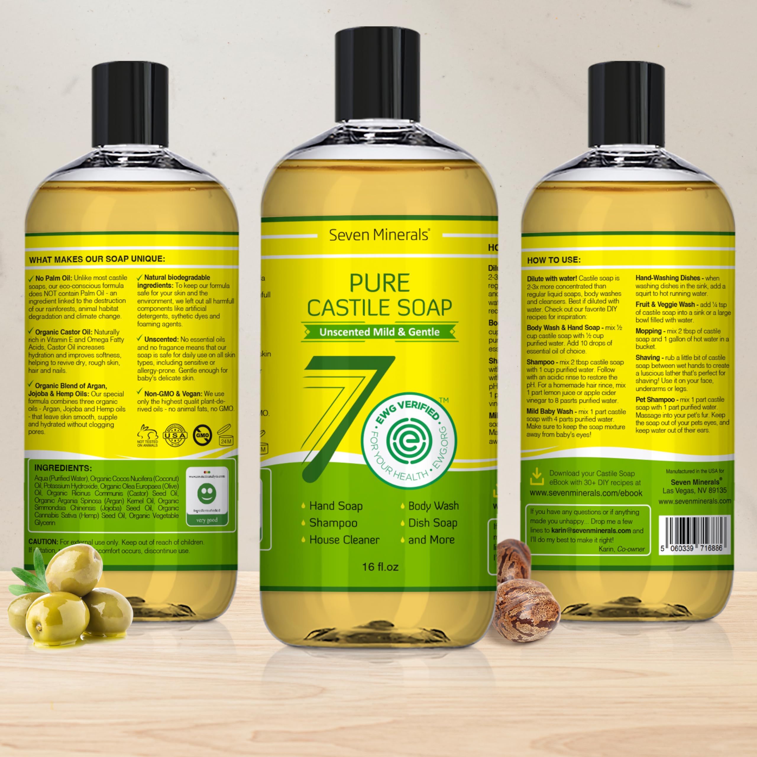 Seven Minerals Pure Castile Soap ingredients close-up with organic carrier oils for nourishing cleansing.