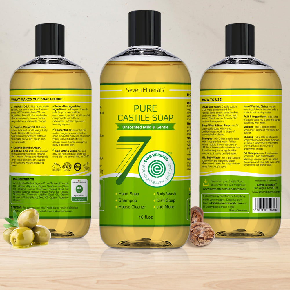 Seven Minerals Pure Castile Soap ingredients close-up with organic carrier oils for nourishing cleansing.