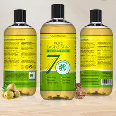 Seven Minerals Pure Castile Soap ingredients close-up with organic carrier oils for nourishing cleansing.