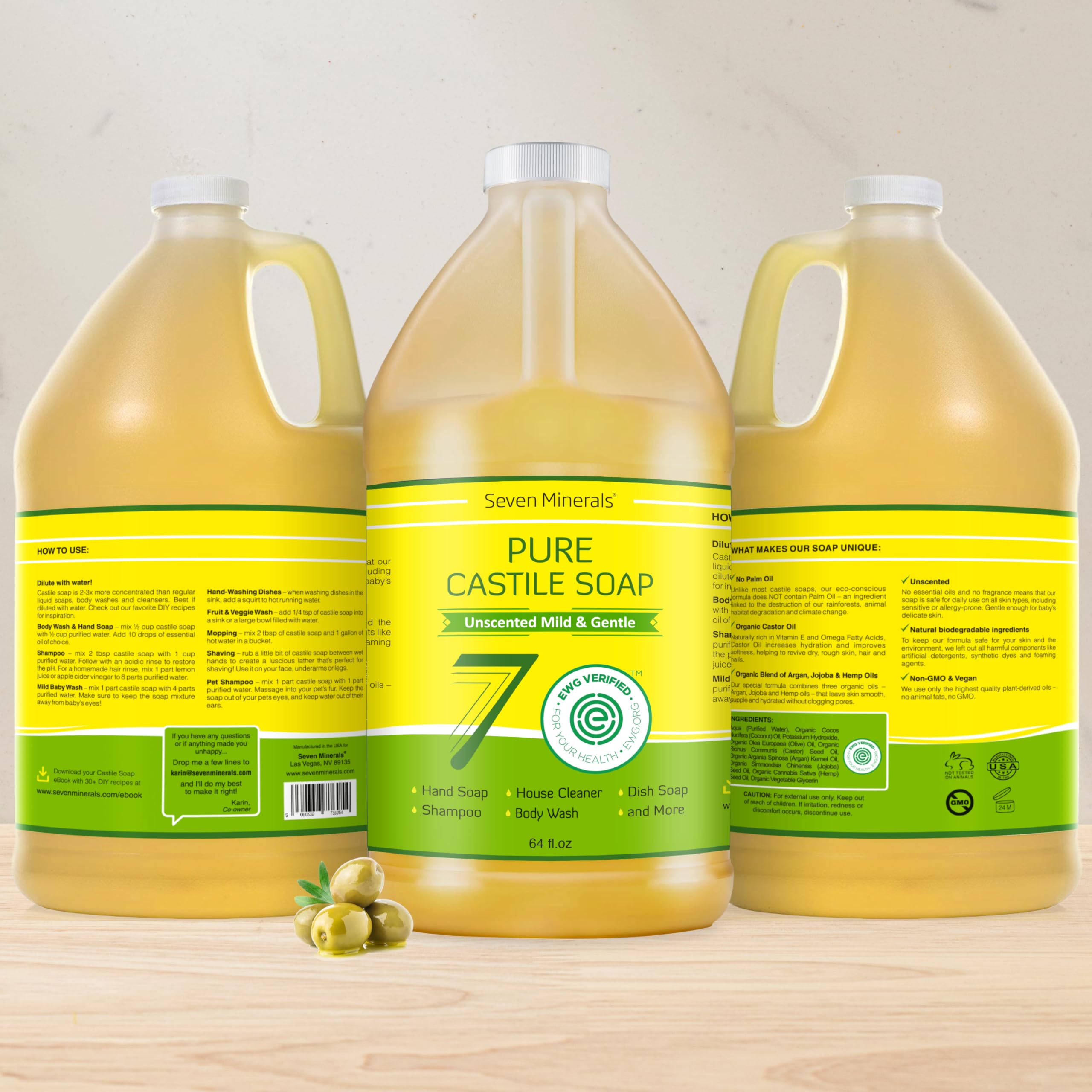 Seven Minerals Pure Castile Soap label close-up, vegan and palm-free.