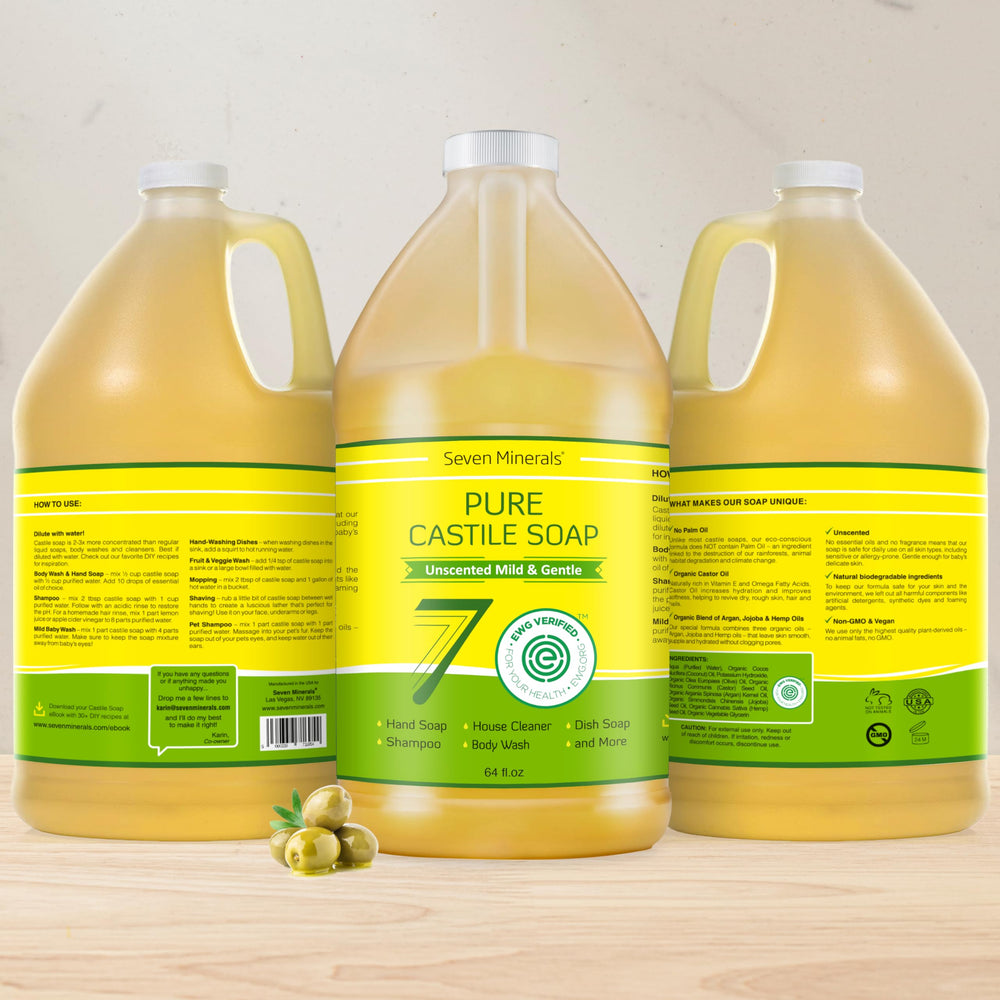 Seven Minerals Pure Castile Soap label close-up, vegan and palm-free.