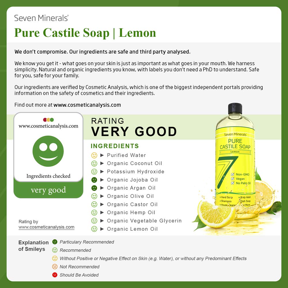Seven Minerals Pure Castile Soap Lemon ingredients — organic carrier oils nurture skin.