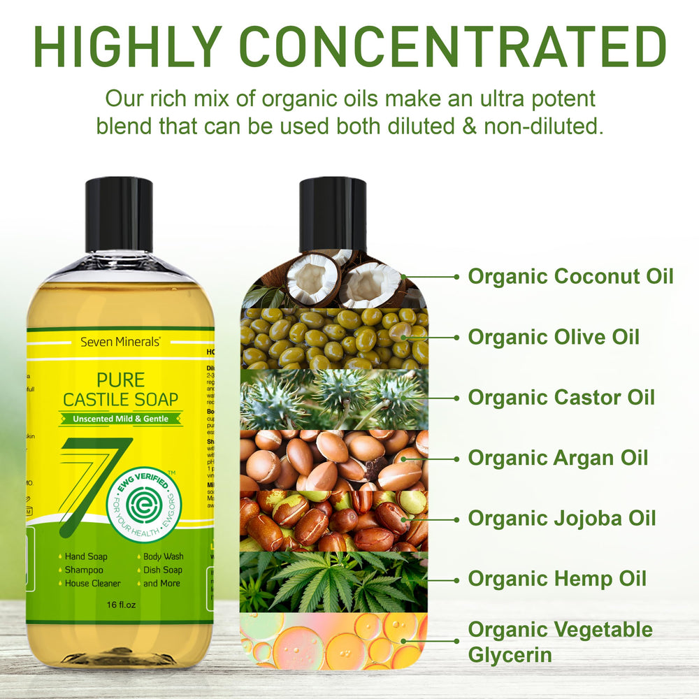 Seven Minerals Pure Castile Soap label shows no palm oil for eco-conscious care.
