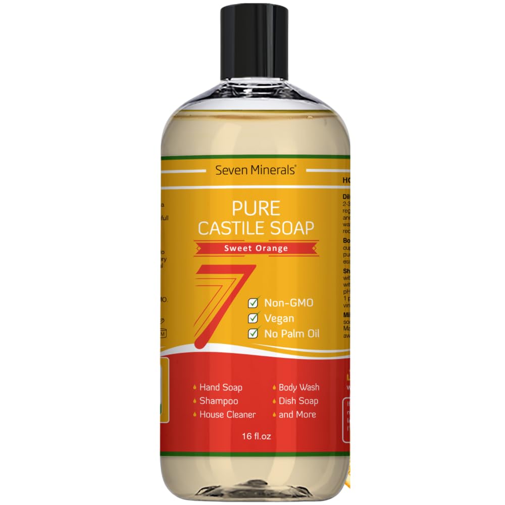 Seven Minerals orange bottle pour demonstrates gentle liquid castile soap.