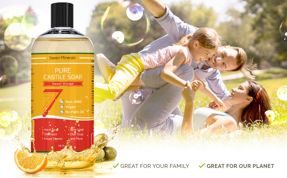 Seven Minerals orange label closeup highlights palm oil free and GMO free formula.
