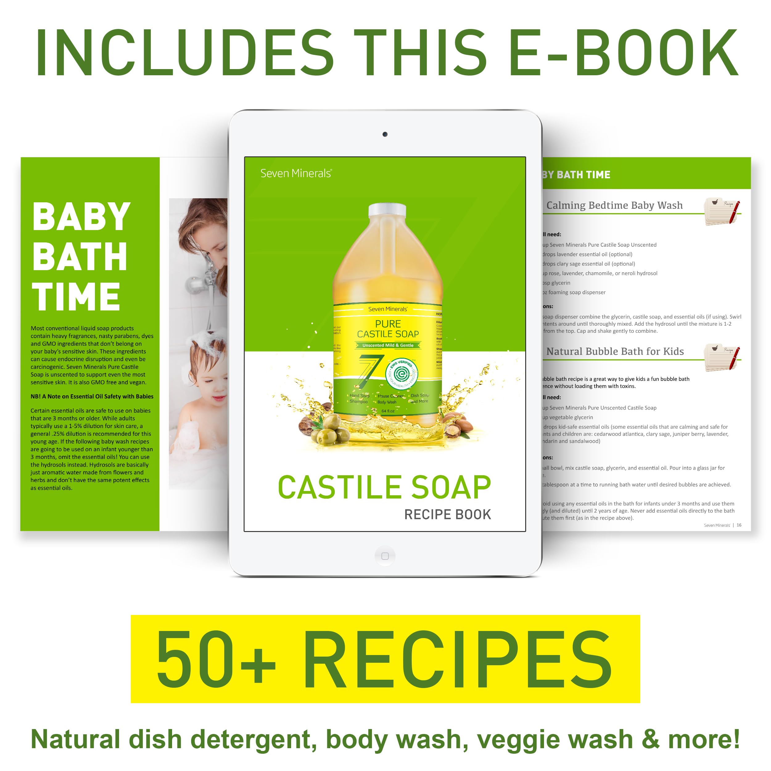Seven Minerals Pure Castile Soap packaging, eco-conscious and concentrated formula.