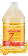 Seven Minerals Pure Castile Soap Sweet Orange bottle ready for gentle skin cleansing.