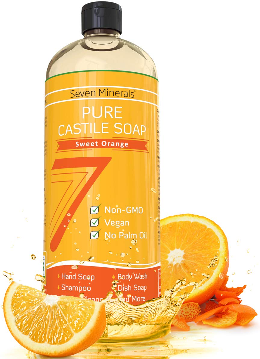 Seven Minerals Pure Castile Soap Sweet Orange bottle, vegan palm-oil-free formula.