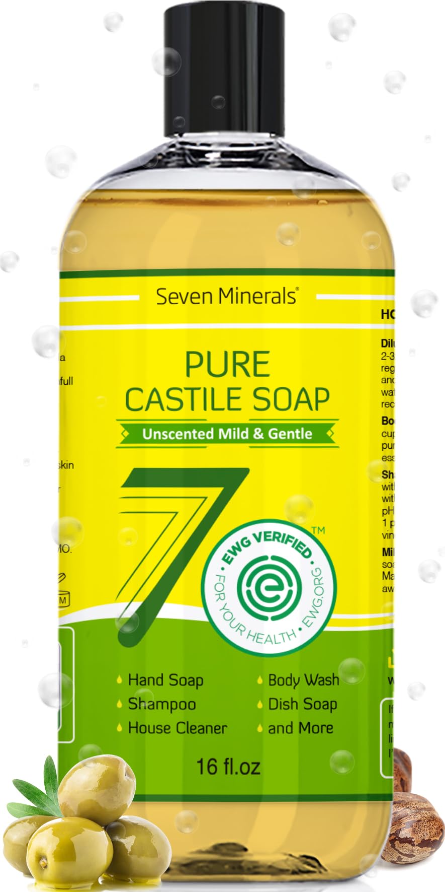 Seven Minerals Pure Castile Soap unscented bottle for gentle cleansing on sensitive skin.