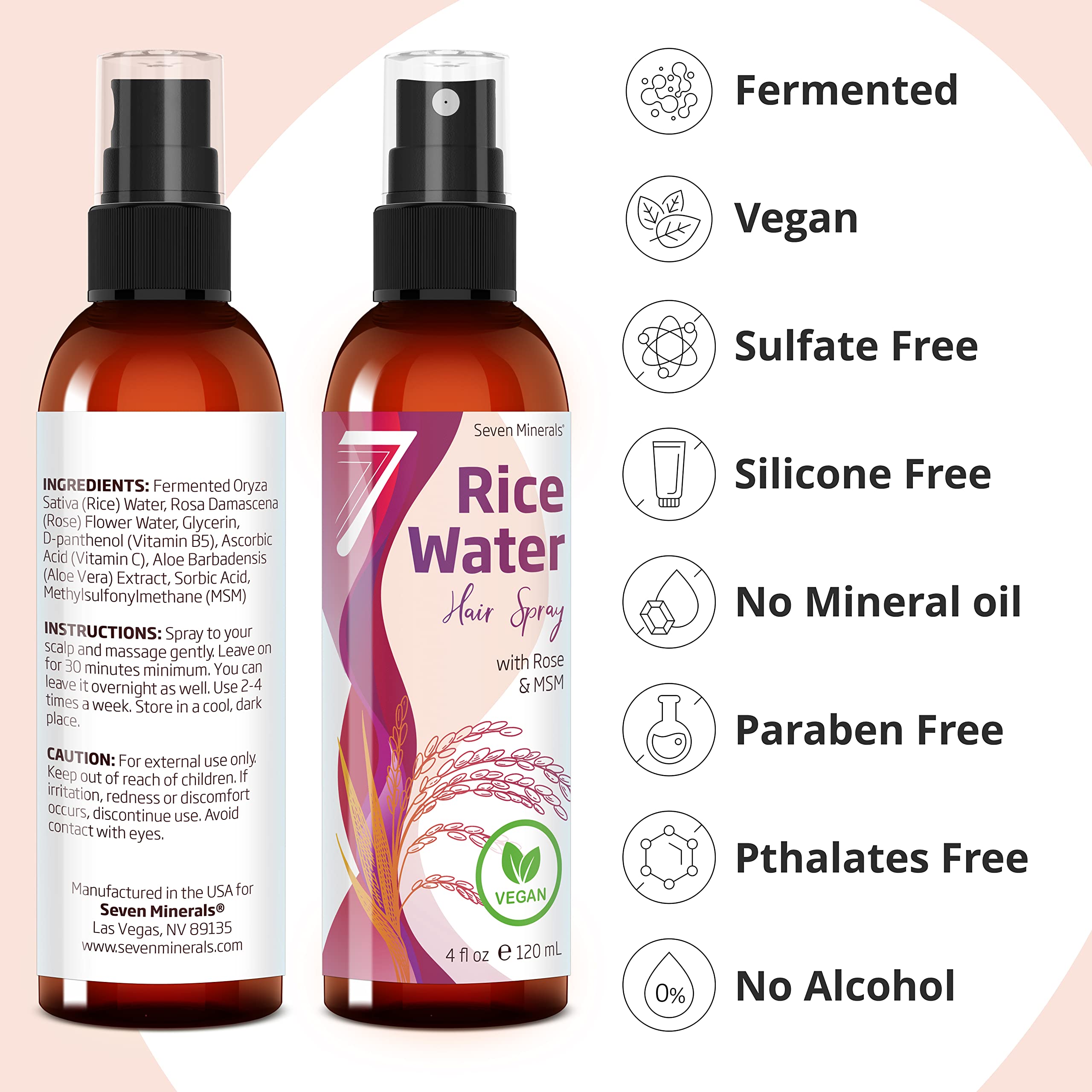 Seven Minerals rice water spray with MSM nourishes hair follicles.